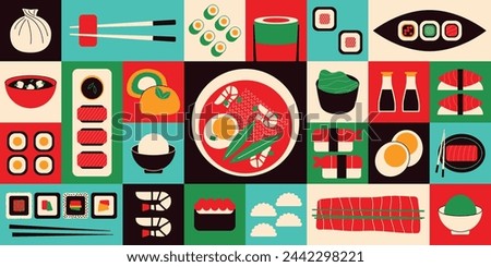 Asian food banner. Minimal geometric japanese korean thai chinese cuisine, sushi shrimp sashimi salmon rice ramen tom yum soup. Flat vector background.