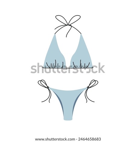 Stylish woman bikini swimsuit. Fashionable female swimwear, colorful flat bikini top and panties with ties for summer vacation. Vector illustration.