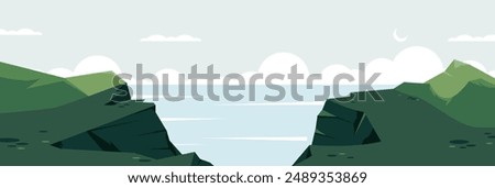 Mountains scenery landscape. Cartoon nature panorama with hills valley and lake, countryside panorama with cliffs over river. Vector illustration