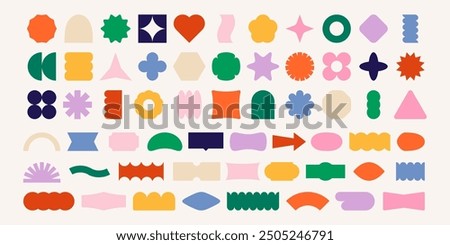 Groovy retro shapes. Abstract 70s 80s pop art style abstract figures, funky geometric hippie elements, Y2K retro badges for poster logo design. Vector isolated set.