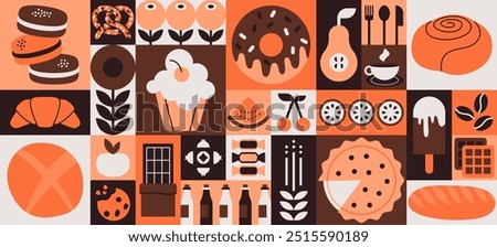 Geometric bakery pattern. Minimal sweet dessert fruit elements simple shapes, restaurant cafe food menu concept. Vector abstract banner.