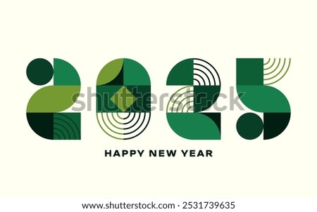 2025 year greeting card design. Abstract geometric new year 2025 celebration poster with green numbers, creative postcard template. Vector illustration.