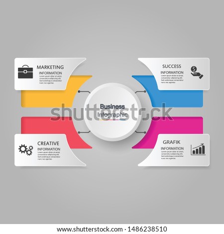 four elements with a paper icon and a place for the text to be a white circle paper. Concept 4 features of business development. Infographic design template. Vector illustration.