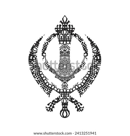 Khanda adorned with intricate mandala art, blending Sikh symbol of strength with the harmonious beauty of geometric patterns. A fusion of spirituality and intricate design, symbolizing unity,