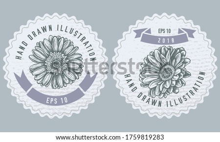 Monochrome labels design with illustration of gerbera