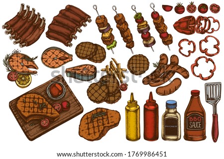 Vector set of hand drawn colored spatula, Pork ribs, kebab, sausages, steak, sauce bottles, grilled burger patties, grilled tomato, grilled salmon steak, grilled bell pepper