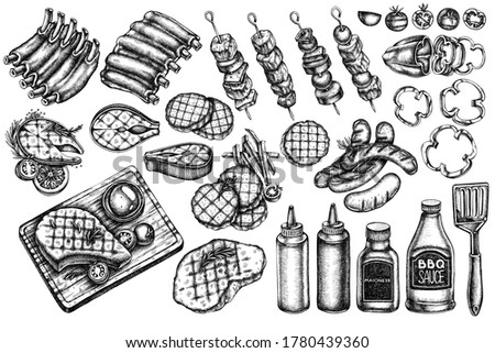 Vector set of hand drawn black and white spatula, Pork ribs, kebab, sausages, steak, sauce bottles, grilled burger patties, grilled tomato, grilled salmon steak, grilled bell pepper