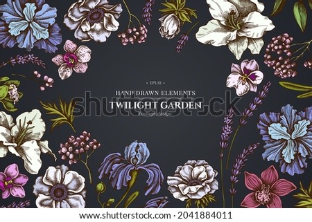 Floral design on dark background with anemone, lavender, rosemary everlasting, phalaenopsis, lily, iris