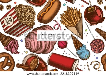 Carnival food seamless pattern background design. Engraved style. Hand drawn french fries, pretzel, popcorn, lemonade, hot dog, mulled wine, caramel apple, cotton candy, ice cream cones, lollipop