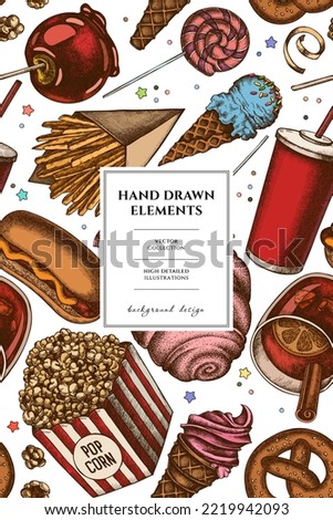 Carnival food pattern card design. Hand drawn french fries, pretzel, popcorn, lemonade, hot dog, mulled wine, caramel apple, cotton candy, ice cream cones, lollipop, ribbons.