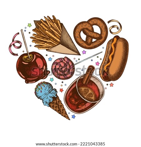 Carnival food heart vintage design. Hand drawn french fries, pretzel, hot dog, mulled wine, caramel apple, ice cream cones, lollipop, ribbons.