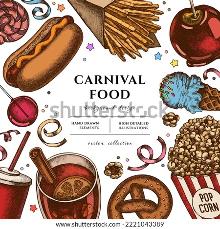 Carnival food hand drawn illustration design. Background with retro french fries, pretzel, popcorn, lemonade, hot dog, mulled wine, caramel apple, ice cream cones, lollipop, ribbons.