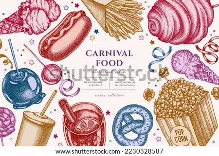 Carnival food hand drawn illustration design. Background with vintage french fries, pretzel, popcorn, lemonade, hot dog, mulled wine, caramel apple, cotton candy, ice cream cones, lollipop, ribbons.