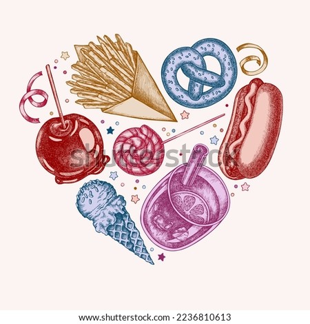 Carnival food heart vintage design. Hand drawn french fries, pretzel, hot dog, mulled wine, caramel apple, ice cream cones, lollipop, ribbons.