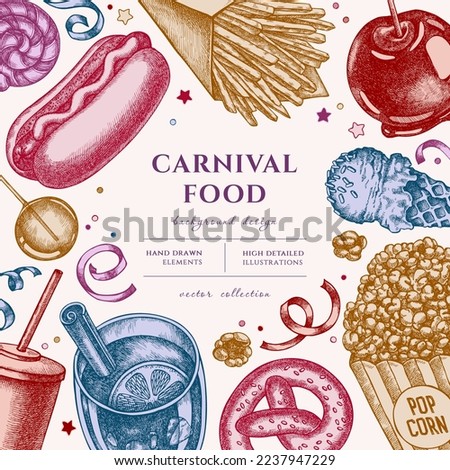 Carnival food hand drawn illustration design. Background with vintage french fries, pretzel, popcorn, lemonade, hot dog, mulled wine, caramel apple, ice cream cones, lollipop, ribbons.