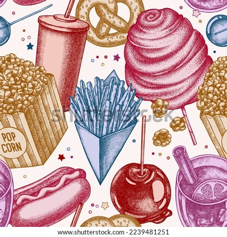 Carnival food seamless pattern background design. Engraved style. Hand drawn french fries, pretzel, popcorn, lemonade, hot dog, mulled wine, caramel apple, cotton candy, lollipop.