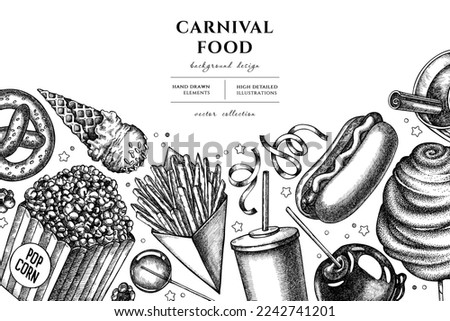 Carnival food hand drawn illustration design. Background with sketch french fries, pretzel, popcorn, lemonade, hot dog, mulled wine, caramel apple, cotton candy, ice cream cones, lollipop, ribbons.