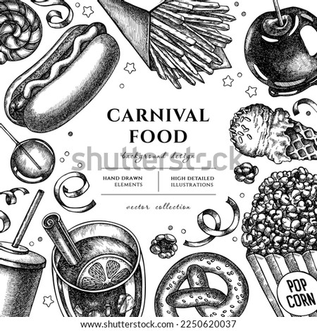 Carnival food hand drawn illustration design. Background with sketch french fries, pretzel, popcorn, lemonade, hot dog, mulled wine, caramel apple, ice cream cones, lollipop, ribbons.