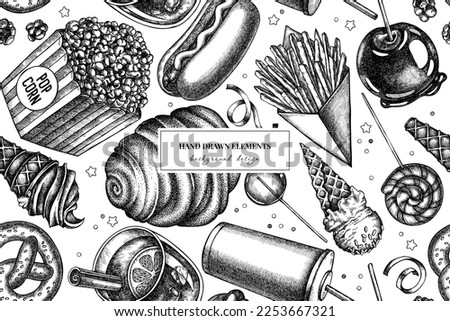 Carnival food seamless pattern background design. Engraved style. Hand drawn french fries, pretzel, popcorn, lemonade, hot dog, mulled wine, caramel apple, cotton candy, ice cream cones, lollipop