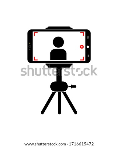 Vector illustration of a person shooting video using a mobile phone and tripod on a white background