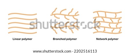 Vector illustration of polymer types including linear polymer, Branched polymer and network polymer on white background.