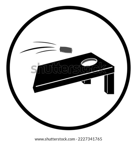 Vector illustration of cornhole board with sack symbol in black circle on white background