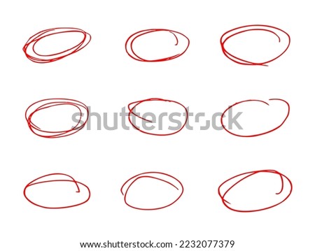 Vector illustration of a red circle pen drawn set on a white background, hand drawn red circle highlight.