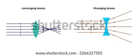 vector illustration of a beam of light through diverging and converging lenses on white background