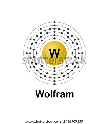 Vector illustration of an electron configuration diagram of the element Tungsten or Wolfram (W) on a white background.