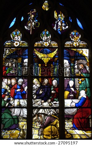 France, church Saint Martin of Triel, stained glass window, vertical picture