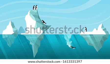 Arctic daytime landscape showing white icebergs floating in the ocean. Penguins roll off an iceberg like a slide and dive into the water. One penguin is swimming underwater. Vector. Wildlife scene 
