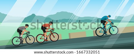Cyclists ride uphill. Race among the mountains on a beautiful sunny day. Hilly terrain. The leader of the race looks back at the pursuers.