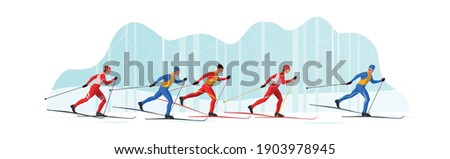 Skiers in sportswear are skiing with Ski poles and skis. Athletes participate in winter sports competition. The leader of pelothon tries to win a sprint race.Vector flat design web banner illustration