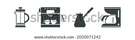 Black filled coffee maker and coffe pot vector icon set isolated on white transparent background. Cafe and coffee Symbols. 