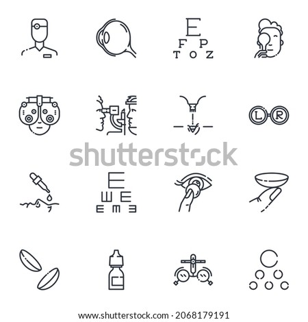Set of vector outline eye care icons isolated on transpatent background. 
