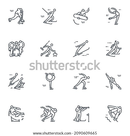 Vector  winter sports line icon set. Snowboard, skiing, figure skating, biathlon, ski jump, bobsleigh and other competition symbols isolated on transparent background.