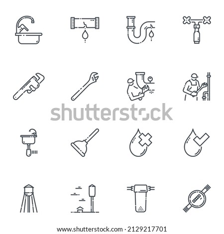 Vector plumbing line icons isolated on transparent background. Water symbols