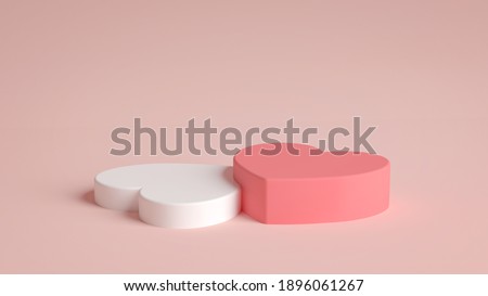 Two heart shaped podiums for Valentines day in 3D rendering. Product display with valentine’s day concept. Pink and white colors, Pedestal, Podium, Stand, 3D illustration.