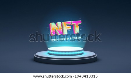 NFT non fungible token, crypto art in 3D rendering illustration. Platform showing NFT cryptoart hologram. Virtual art and galleries using blockchain technology concept