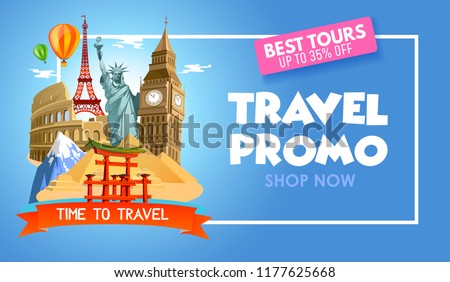 Travel agency promo banner with discounts for tours. Vector illustration.