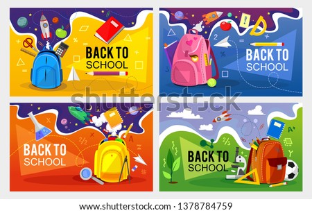 Back to school banner set. Colorful back to school templates for invitation, poster, banner, promotion,sale etc. School supplies cartoon illustration. Vector back to school design templates.