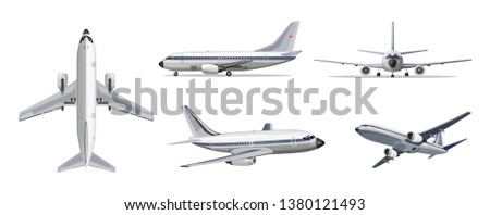 Airlines transportation concept. Vector airplane with yellow and blue stripes on white background. Airplane in top, side, front, back and bottom view. Vector aircraft illustration.