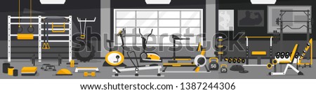 Gym zoning concept. Gym of fitness center interior design with crossfit, weights equipment and Elliptical Machine Cross Trainer, Treadmill, Rowing Machine and Bike. Vector Gym Equipment set.