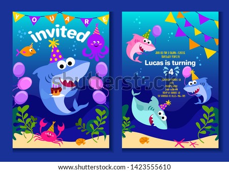 Baby shark party invitation cards. Happy Birthday greeting card in cartoon style with under the sea world animals shark, octopus, balloons etc. Colorful kids party poster or invitation vector template