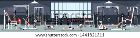 Gym interior concept. Fitness center design in flat style with power rack,Bench Press, Pull-Down, Pec Deck, Dumbbells, Exercise Bike, Leg Curl, Hack Squat, Leg Extension,leg abduction, Smith Machines.