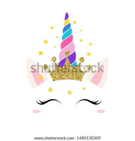 Unicorn queen card vector illustration. Magic pretty equine face with closed eyes with long eyelashes in joy. Happy mythical animal with glittery crown flat style concept. Isolated on white background