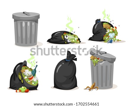 Black trash bags and garbage metal can set vector illustration. Falling rotten smelly rubbish and leftovers cartoon design. Ecology and environment concept. Isolated on white background
