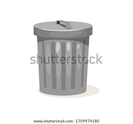 Metal trashcan for garbage with closed cover vector illustration. Empty rubbish can cartoon design. Ecology and environment concept. Isolated on white background