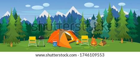 Camping travelling picturesque landscape vector illustration. Template with beautiful view on meadow of tourists camp with tent, campfire, bbq and chairs on mountain and forest background