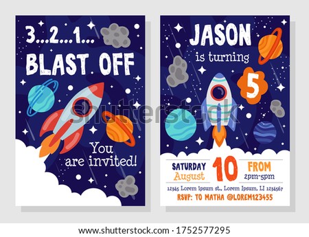 Bright cosmic space party invitation template vector illustration. Blast off flat style. Costume fun party. You invited. Happy birthday concept. Isolated on grey background